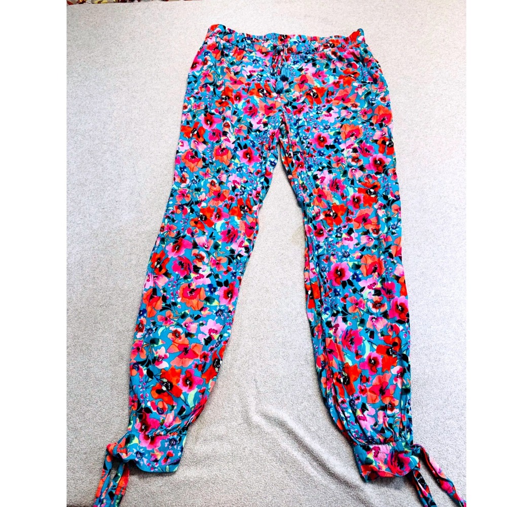 Hale Bob Jogger Pants Womens L Blue Pink Floral Tassel Tie Ankle Boho Summer